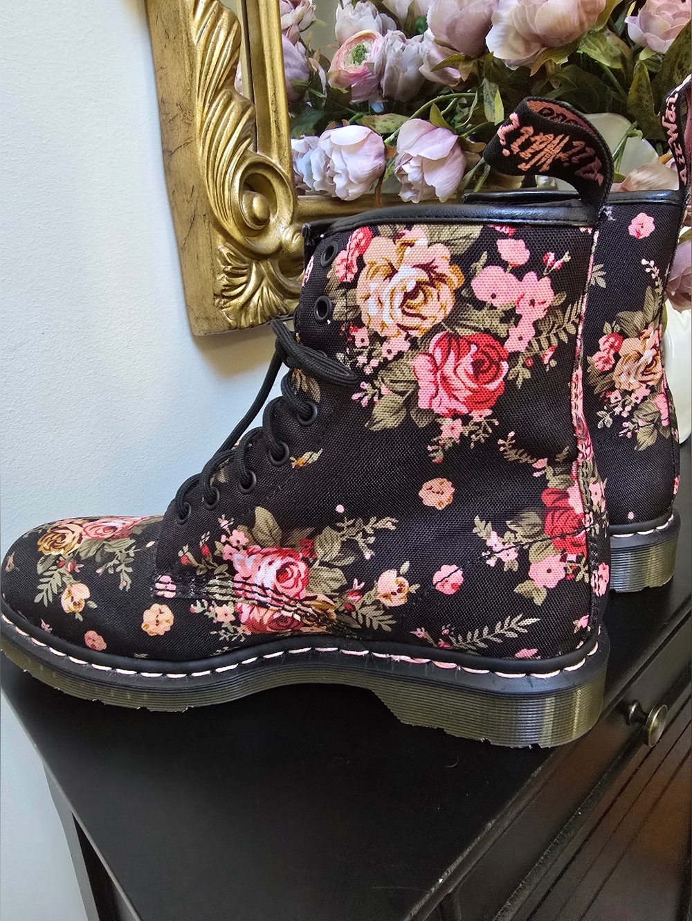 Doc Marten Floral Lace-Up Combat Boots  Black/Pink Air Wair 11 Women